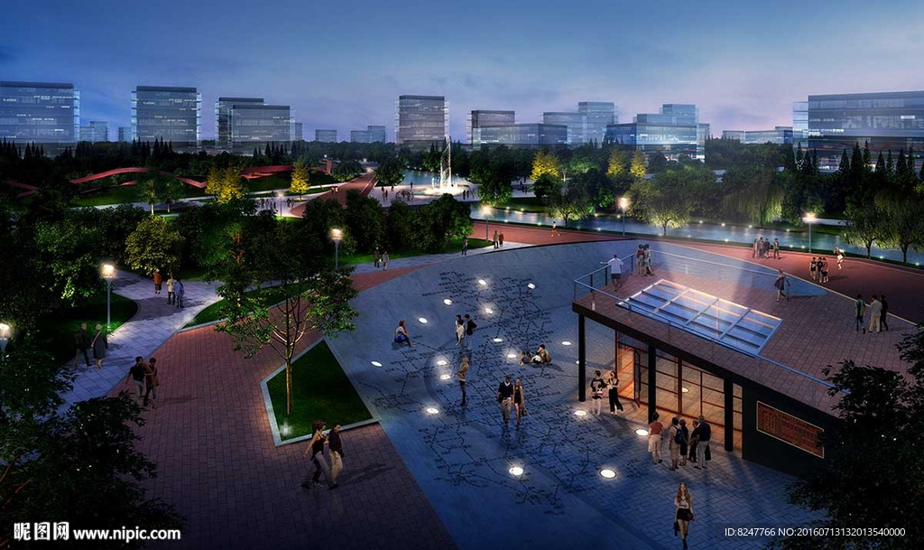 中心公园夜景半鸟瞰建筑效果图