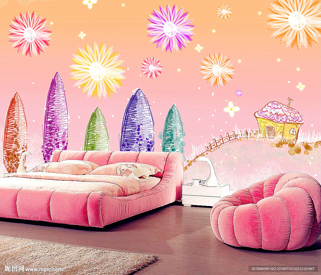 手绘植物花卉花朵树林烟花电视背