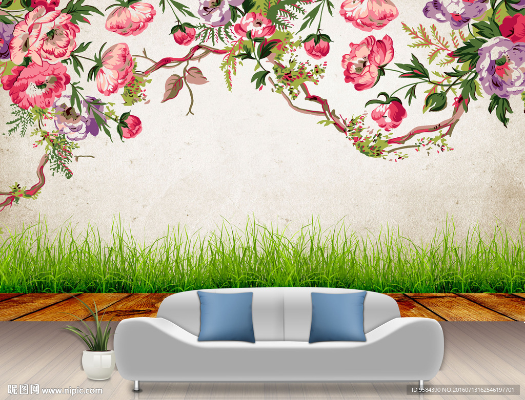 牡丹花卉泥墙木板电视背景墙