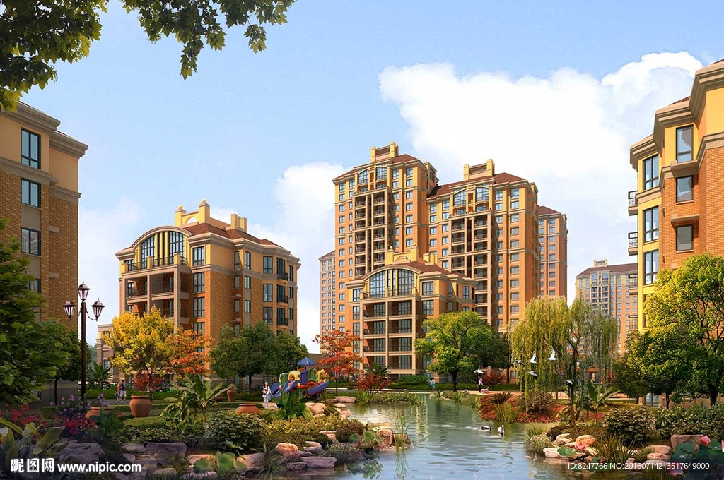 别墅小河景观建筑效果图