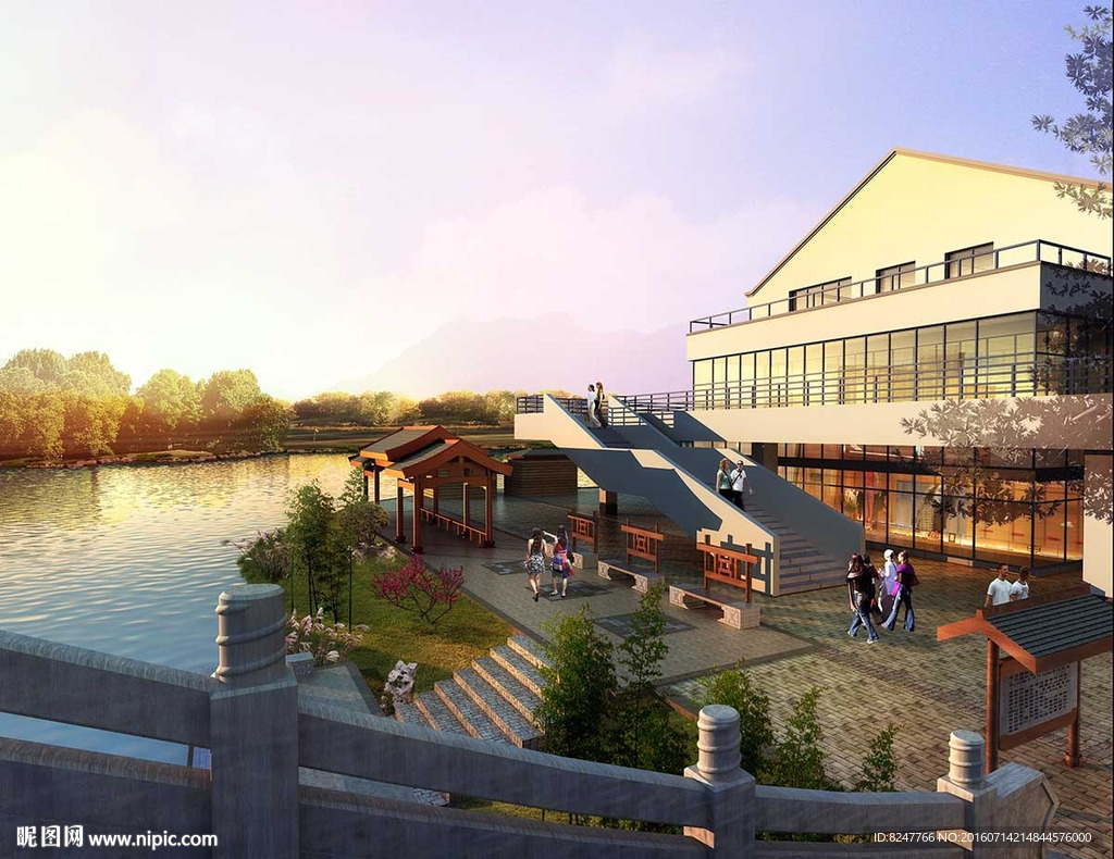 湖边特色小吃店景观效果图