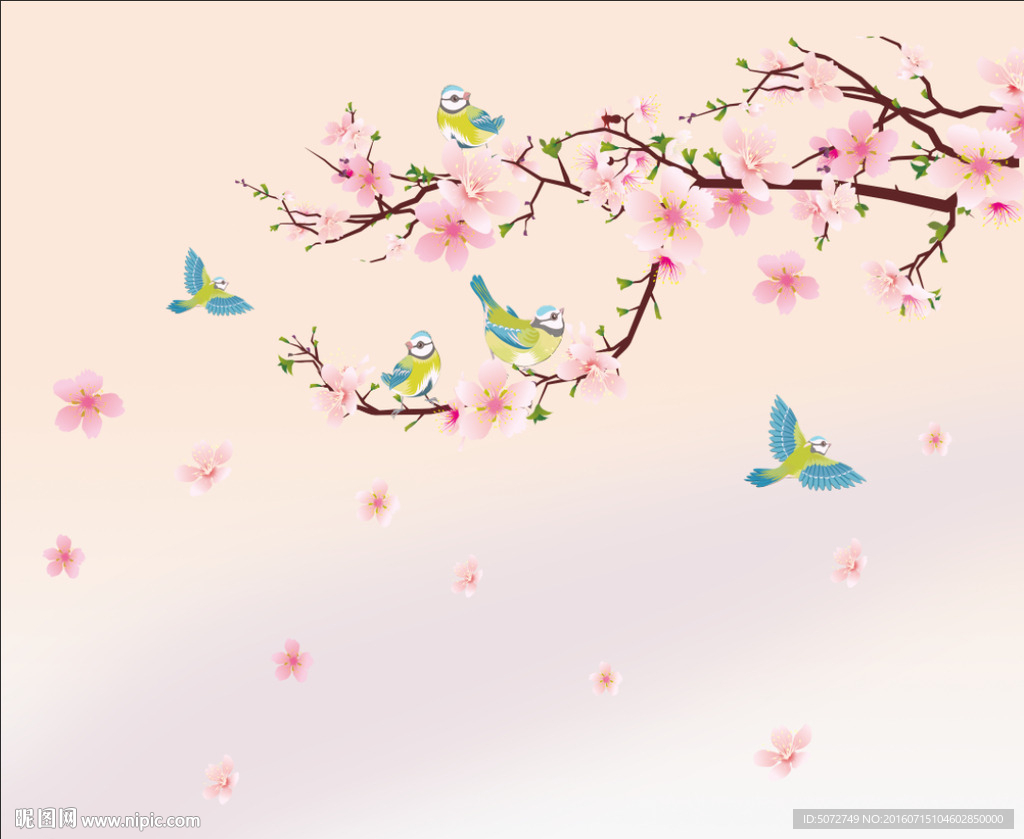 粉色桃花爱情鸟客厅背景墙