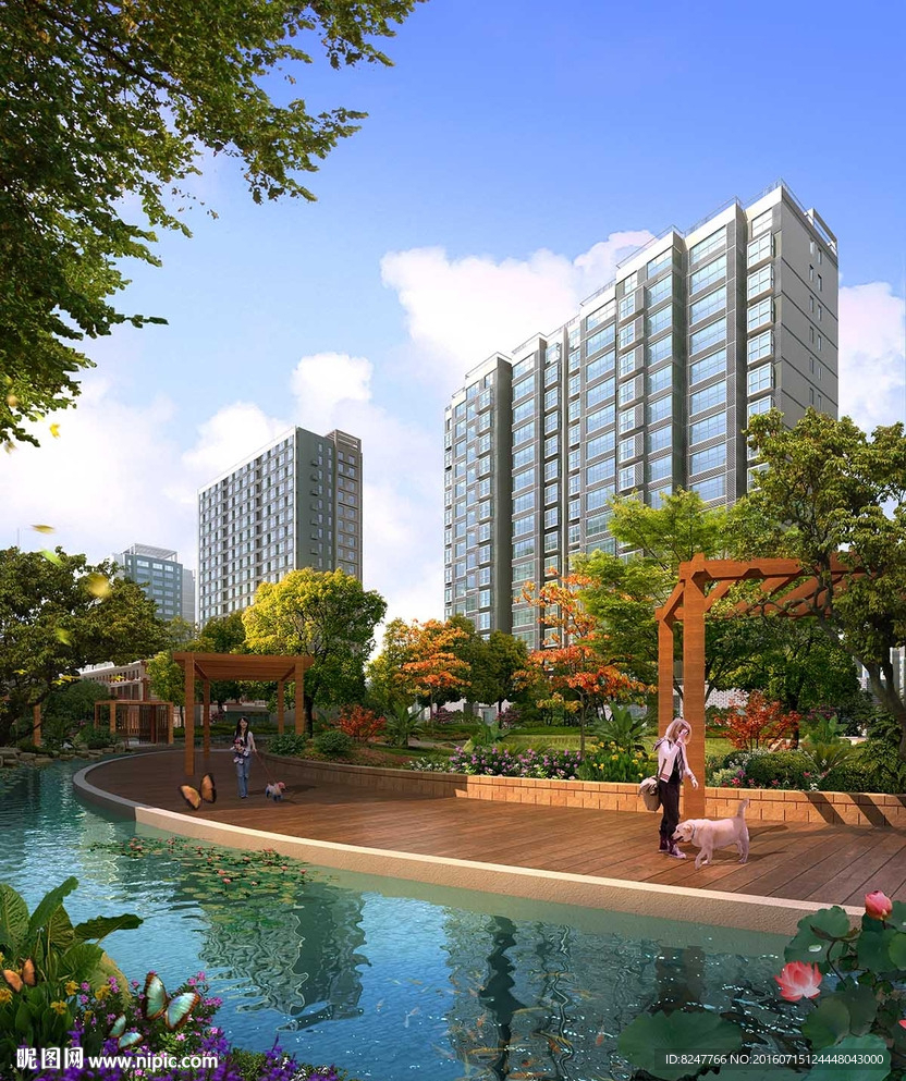 休闲区小道水边景观效果图