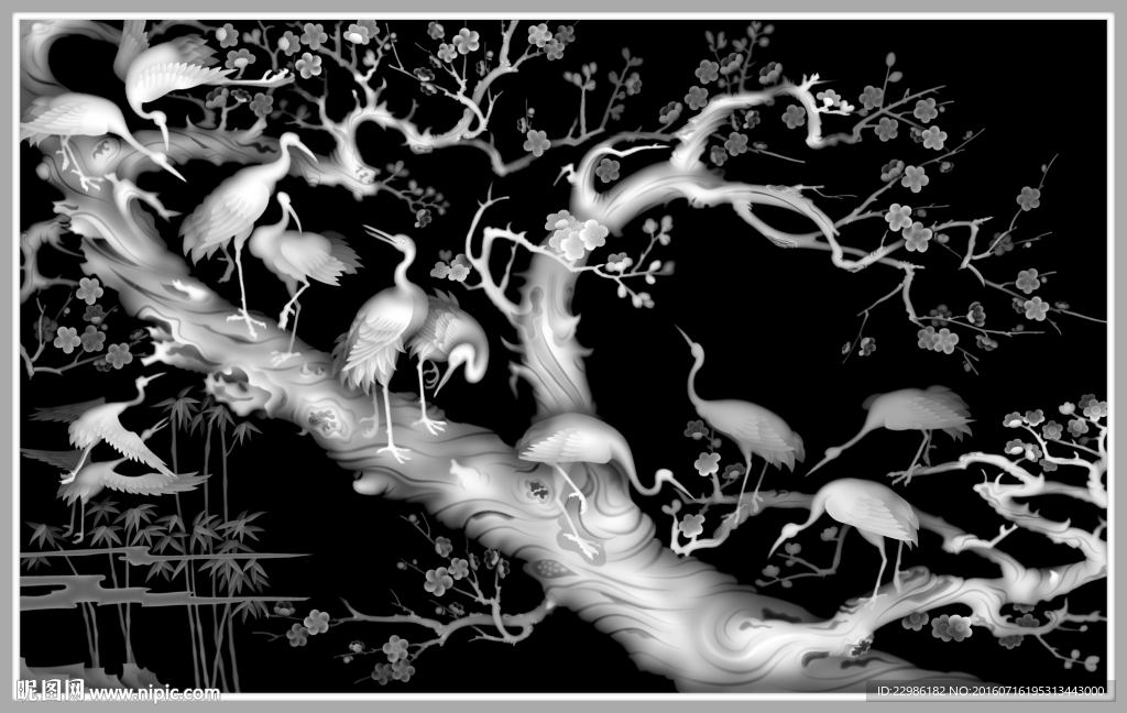 梅花白鹤仙鹤灰度图
