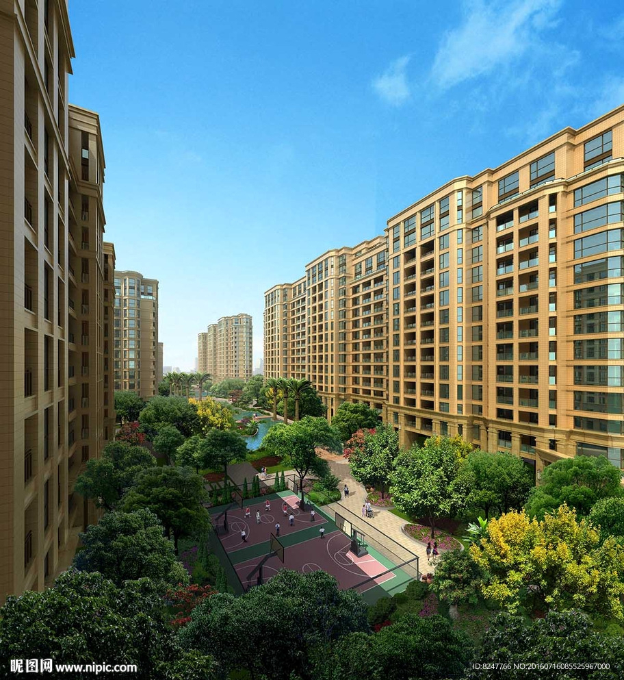 鸟瞰住宅区绿化带建筑效果图