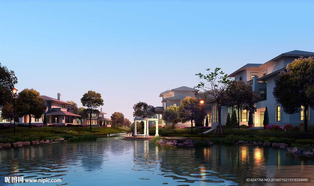 黄昏小区花园凉亭小湖景观效果图