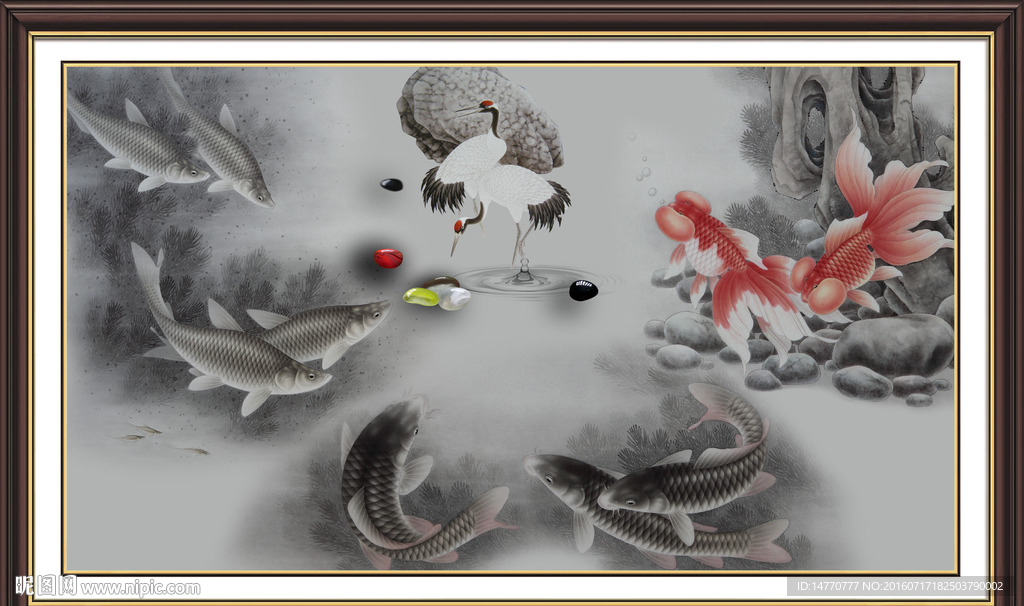 荷花水墨鲤鱼图