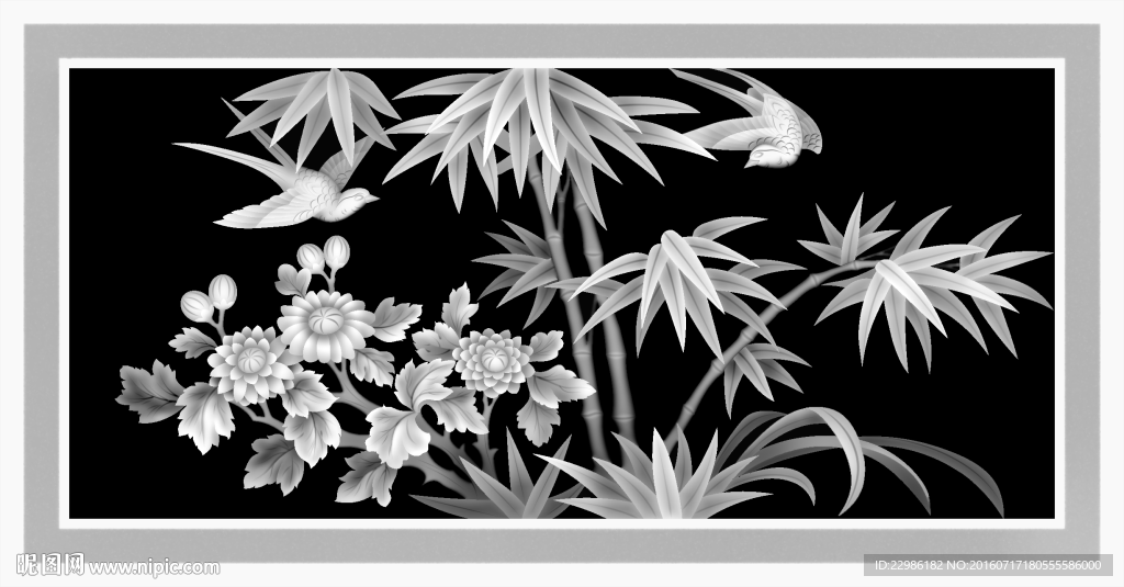 菊花竹子花鸟灰度图