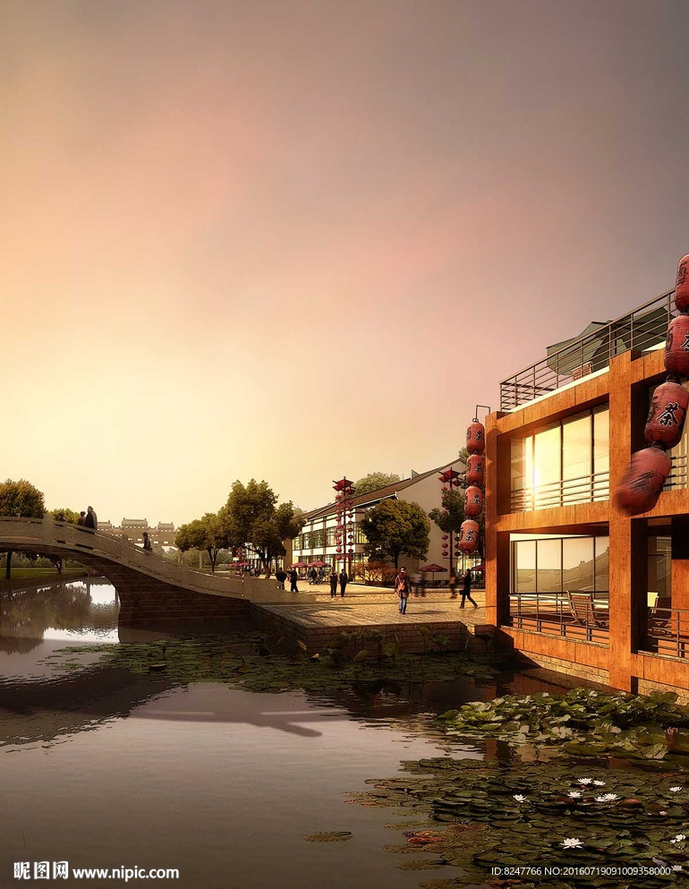 黄昏步行街石桥一角景观效果图