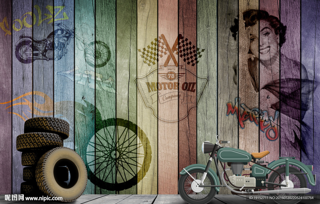 复古彩色木板摩托车背景