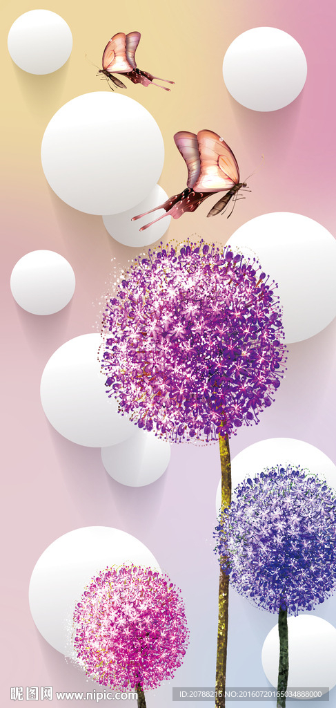 3D圆球唯美蒲公英蝴蝶玄关画芯