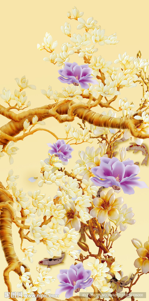 玄关画彩雕玉兰花