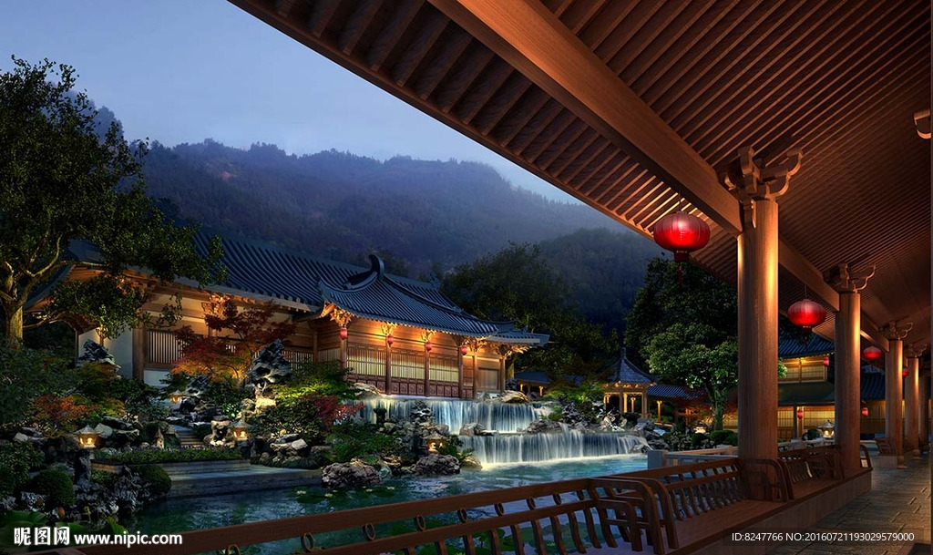 某山中寺院重建夜景建筑效果图