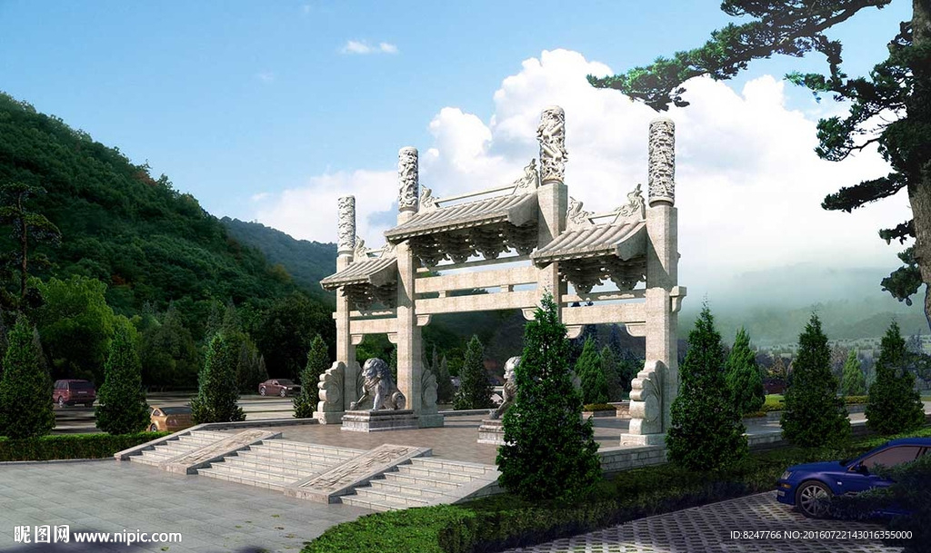 公园石雕精致大门景观效果图