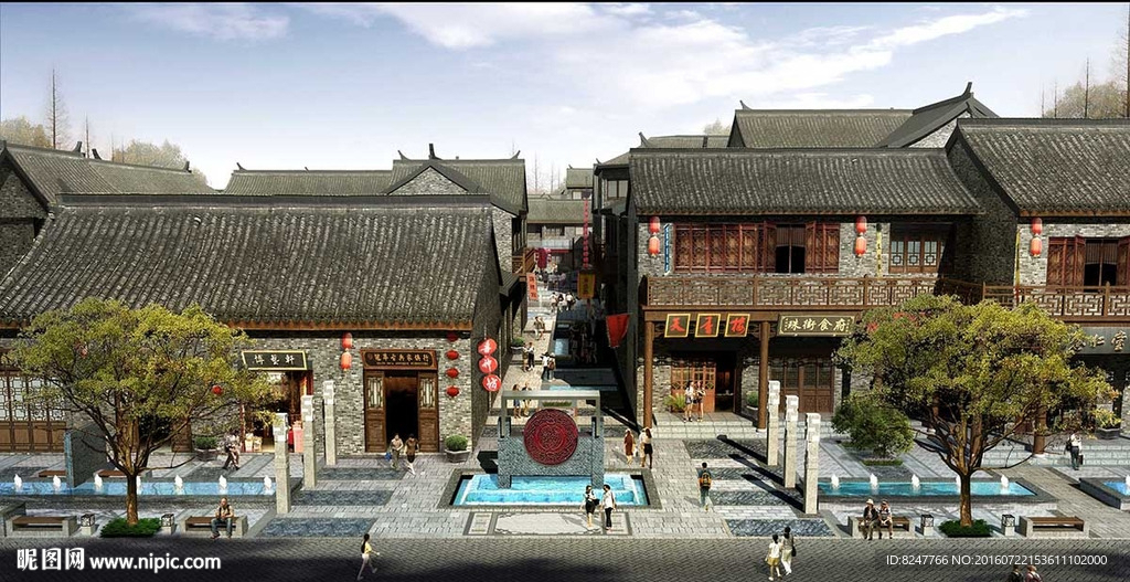 古建筑商业街半鸟瞰建筑效果图
