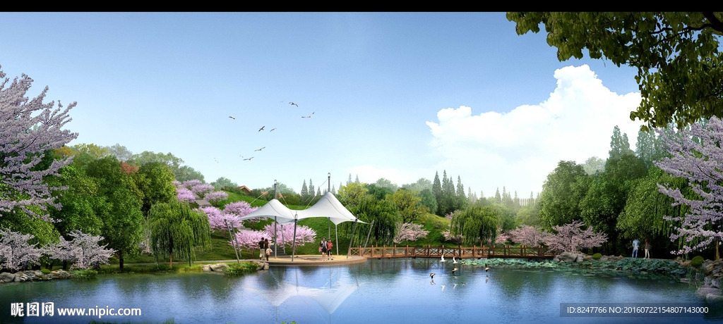 景观公园小湖小树景观效果图