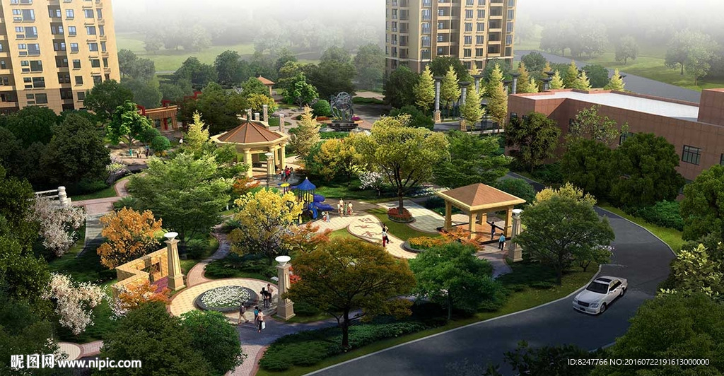 住宅区小游乐场鸟瞰景观图