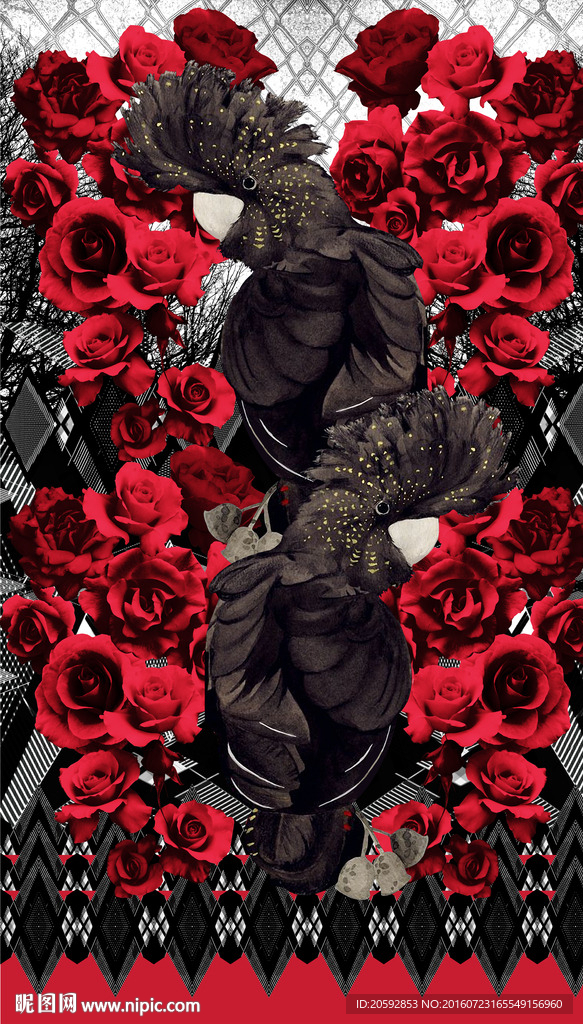 时尚黑鹦鹉红玫瑰女装定位花