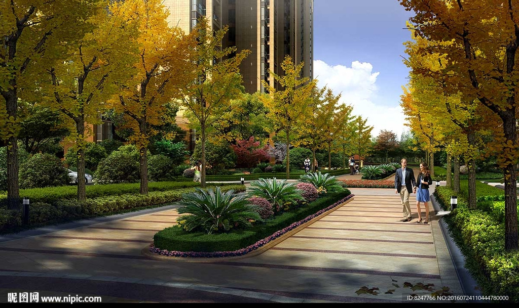 林荫小道黄树景观效果图