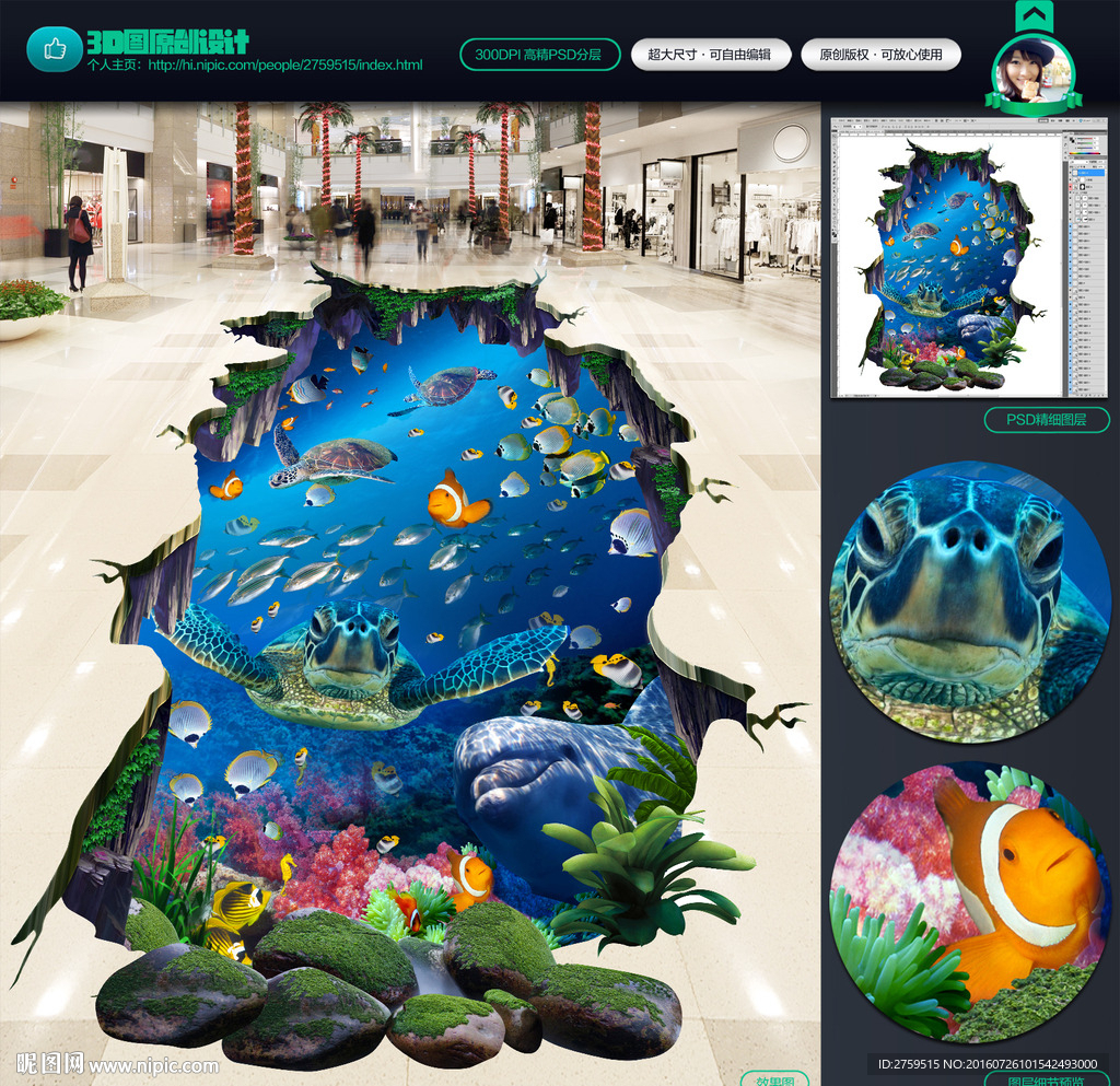 3d地贴 海龟 鱼群图片