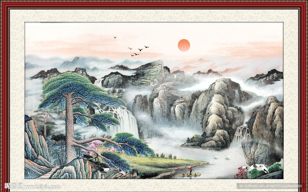 山水国画迎客松图片