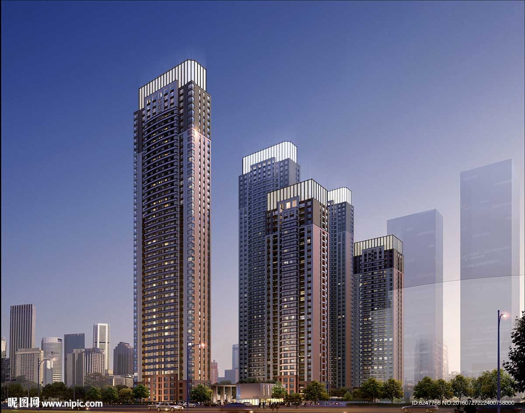 商业高层住宅夜景建筑效果图