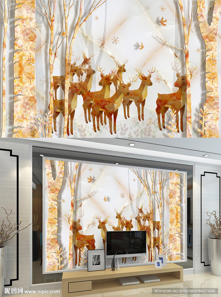 高清大理石抽象森林麋鹿背景墙