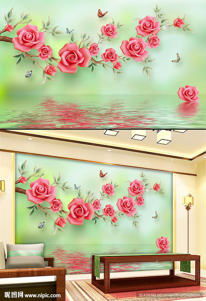 玉雕玫瑰电视背景墙壁画