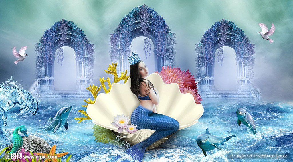 海洋花艺罗马柱美人鱼写真背景