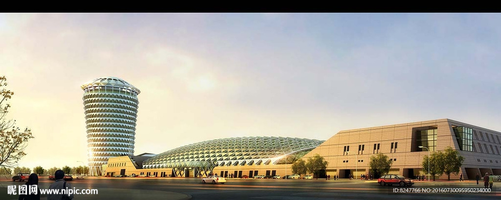 现代多功能博物馆黄昏建筑效果图