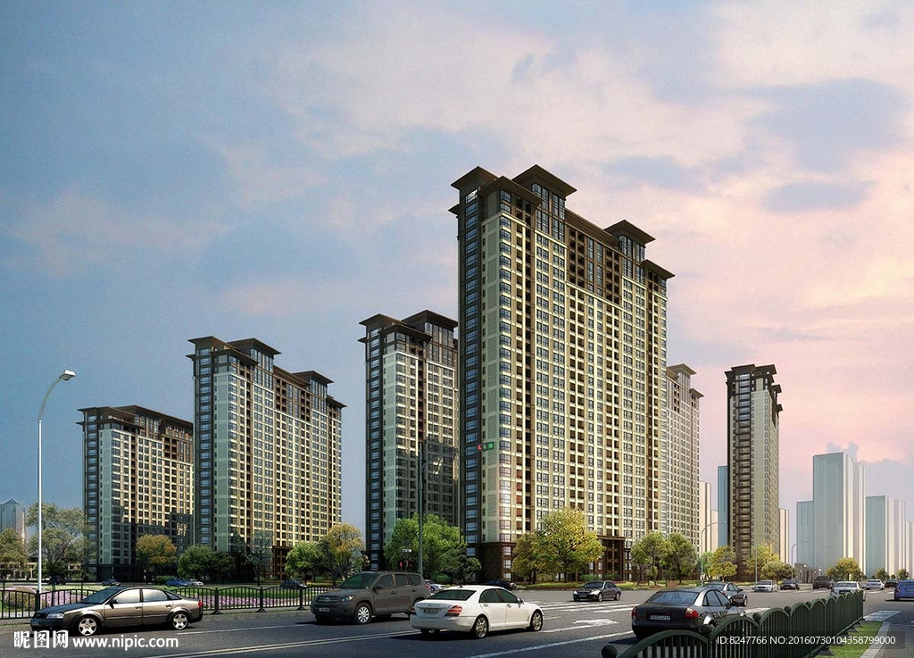 住宅楼盘黄昏建筑效果图