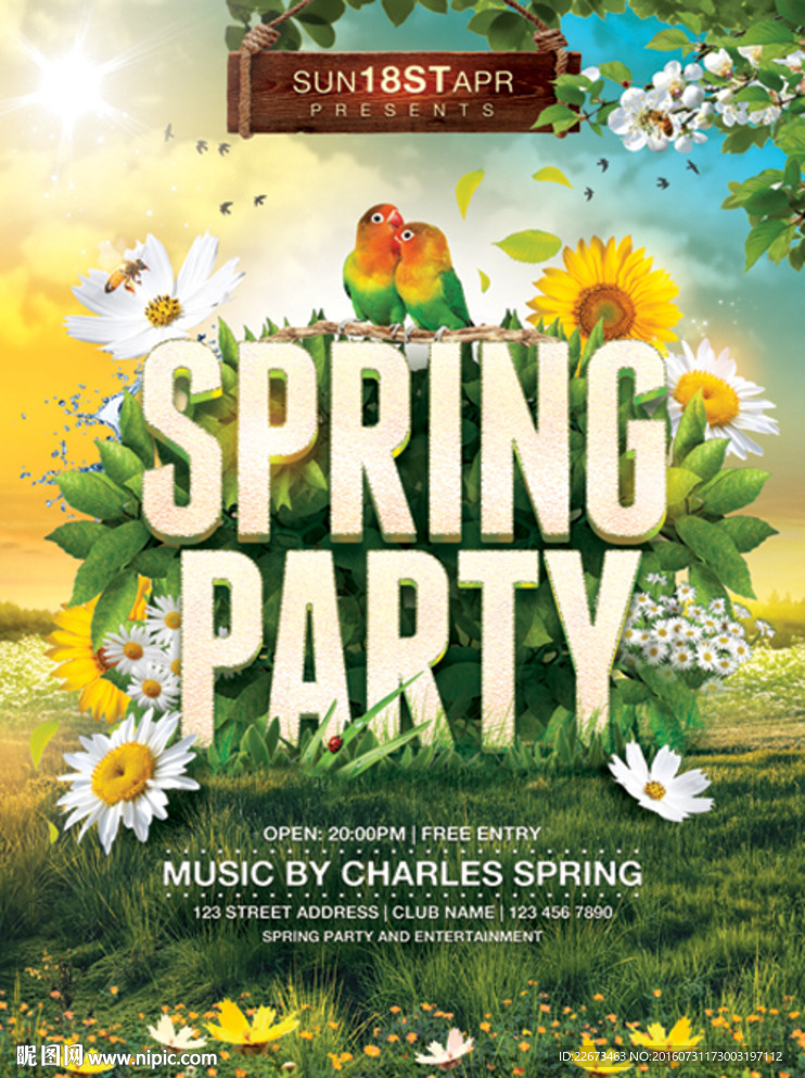 鹦鹉向日葵春天露营踏青海报