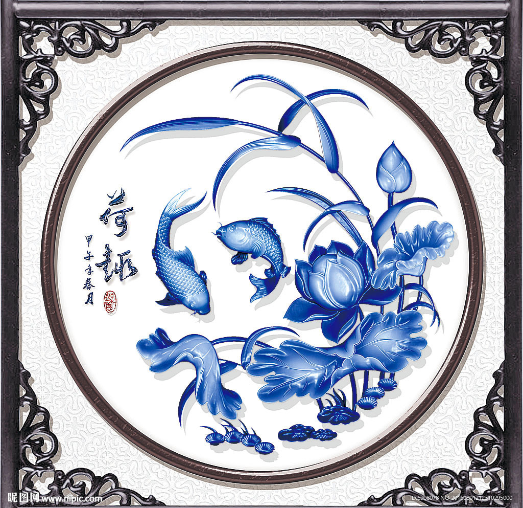 中式传统花卉青花装饰画