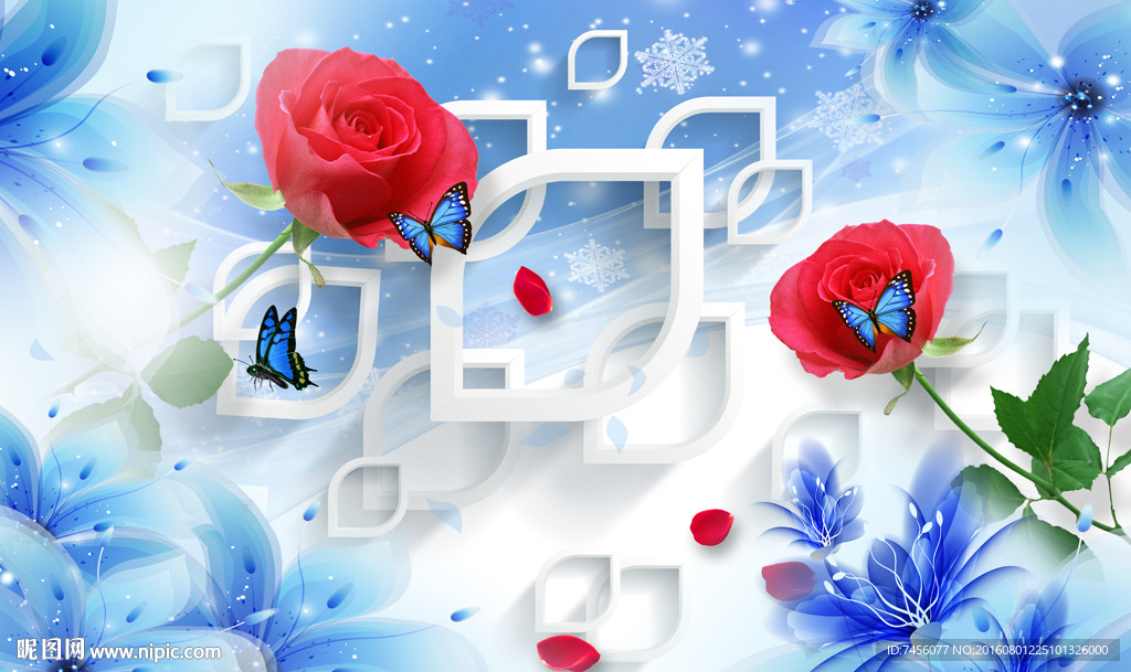 唯美蓝色花瓣红玫瑰花束背景墙