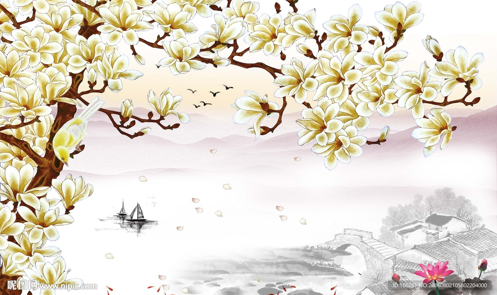 玉兰花电视背景墙