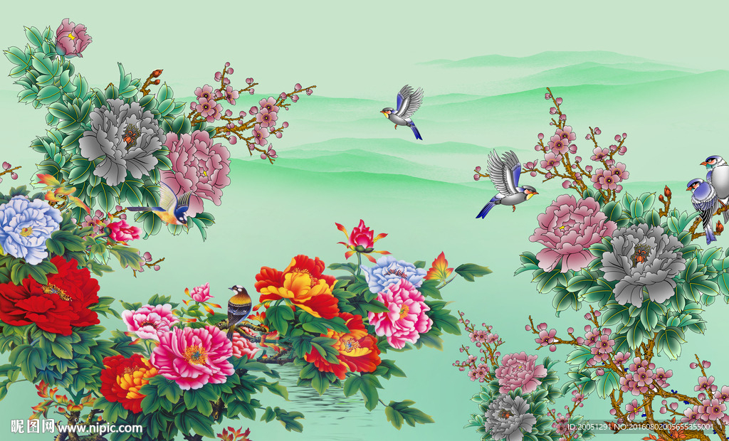 3d牡丹背景墙