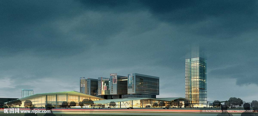 大型购物广场夜景建筑效果图