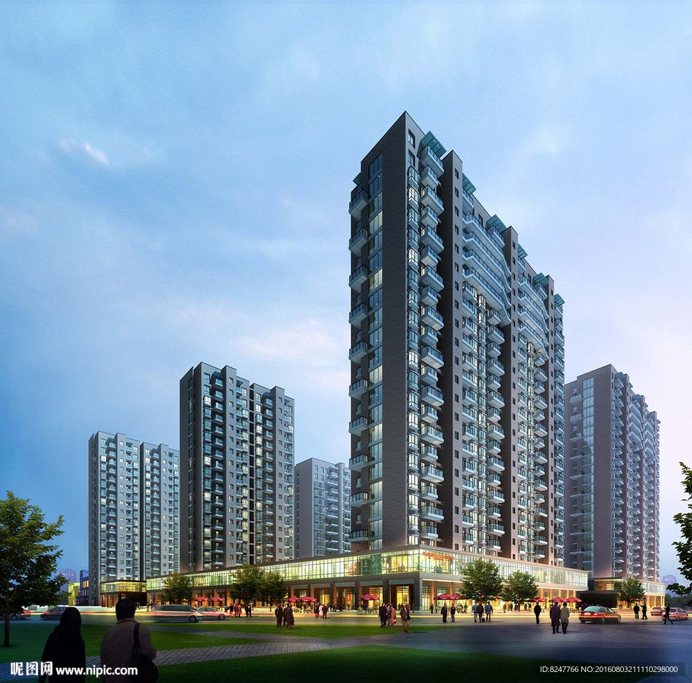 商业购物街住宅夜景建筑效果图