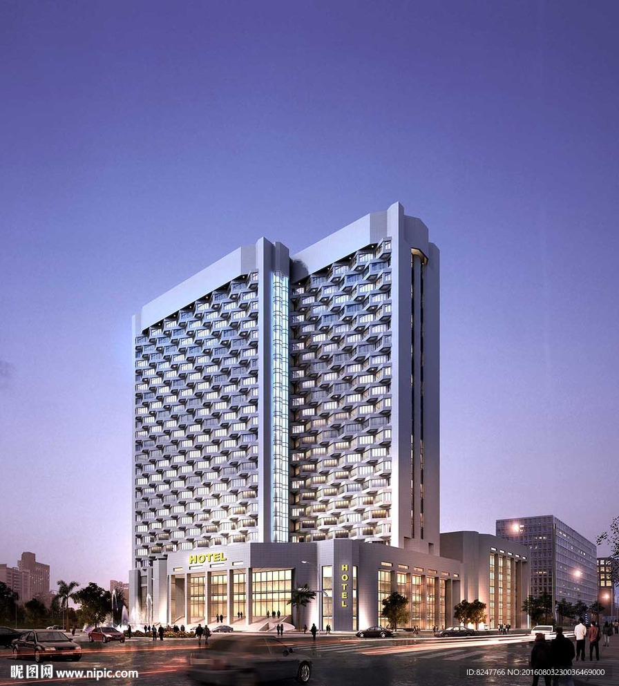 连锁酒店夜景建筑效果图