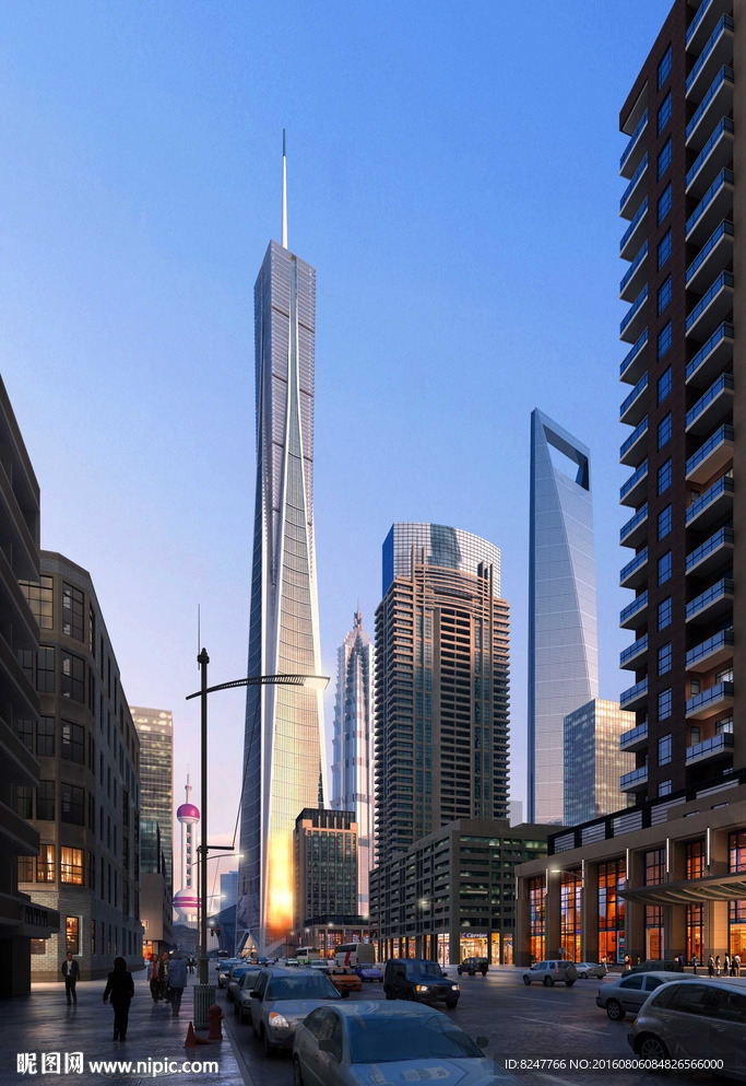 玻璃塔高层建筑黄昏效果图
