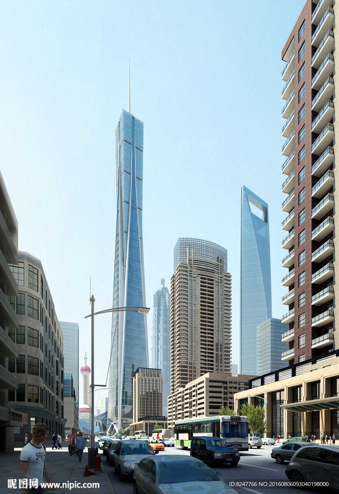 超高层玻璃塔白天建筑效果图