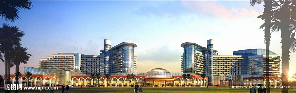 凯旋门式商务大厦黄昏建筑效果图