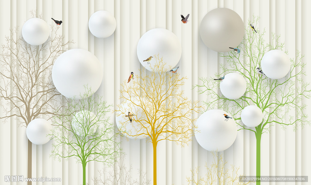 3D立体圆球抽象花鸟矢量线条树