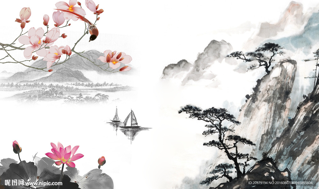 中式古典水墨山水花鸟风景