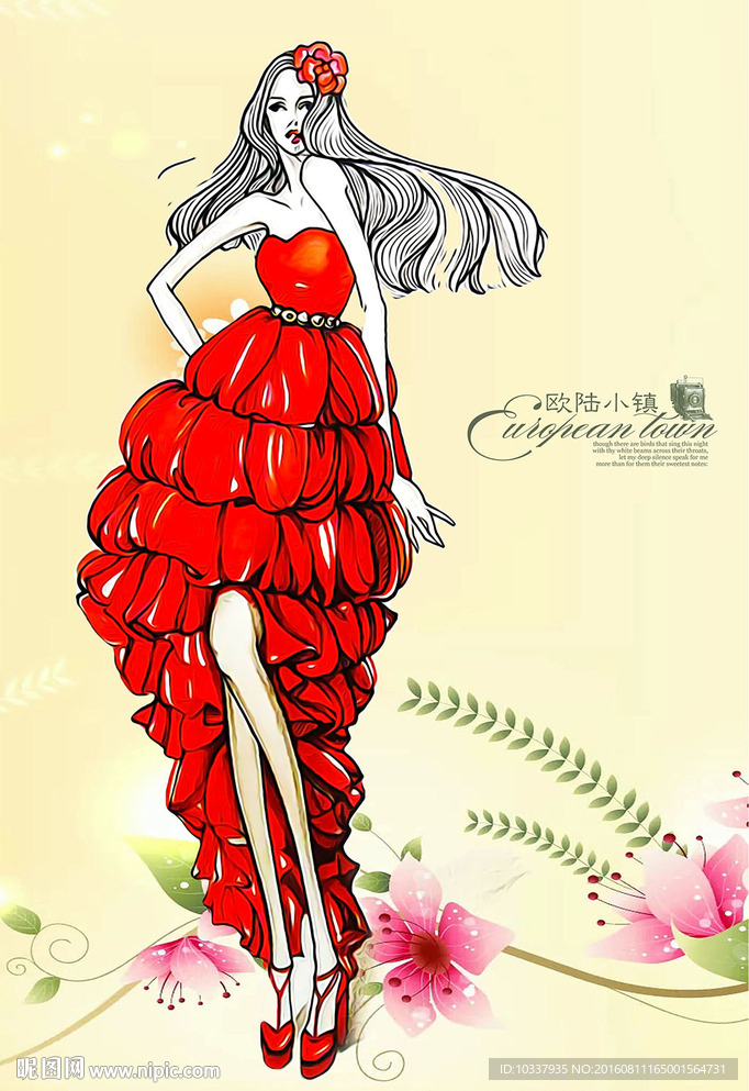 红裙礼服少女插画分层图片