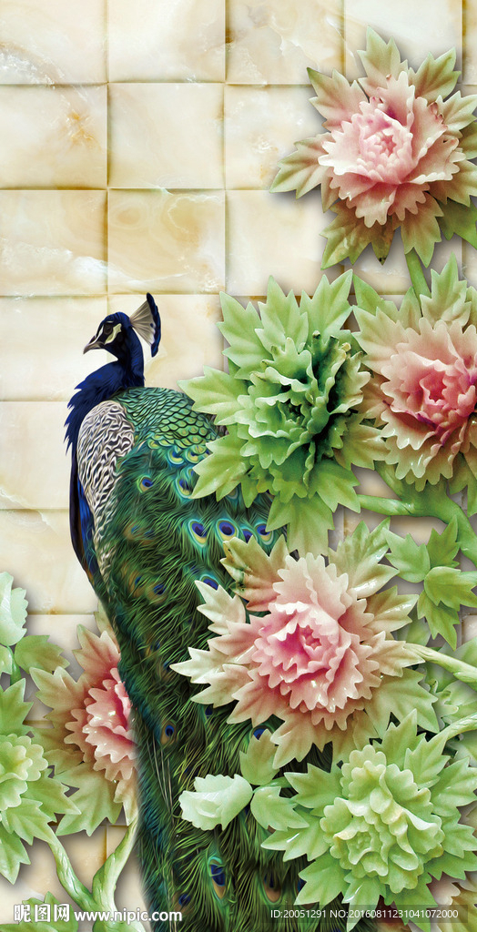 孔雀玄关玉雕背景墙