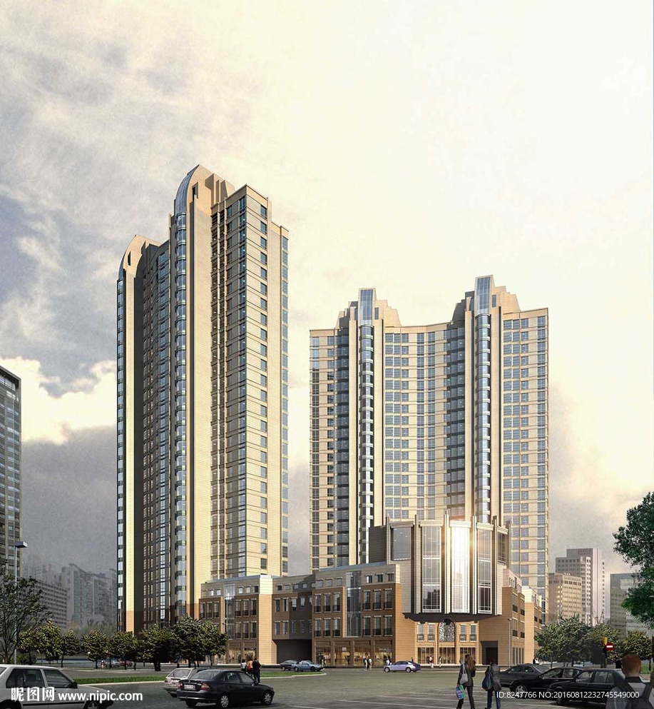 酒店住宅黄昏建筑效果图