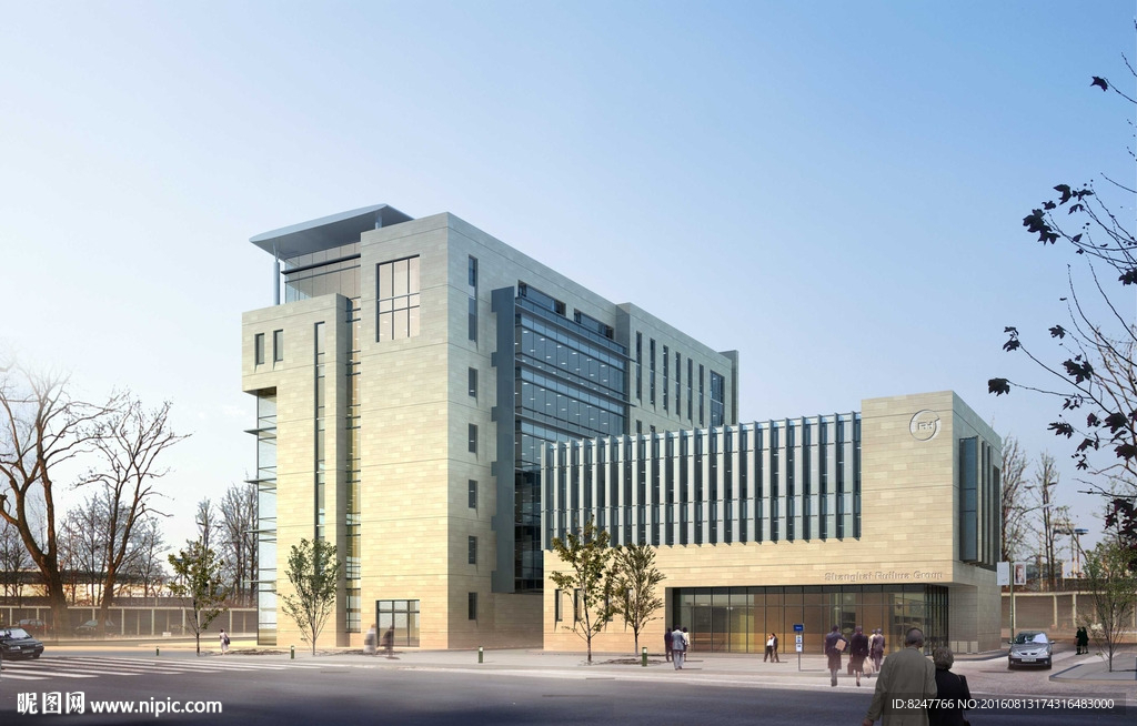 沿街商务办公楼黄昏建筑效果图
