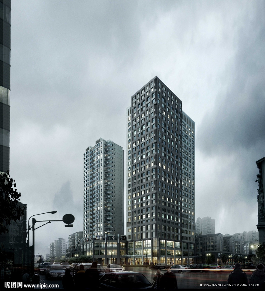 长方盒子酒店夜景建筑效果图