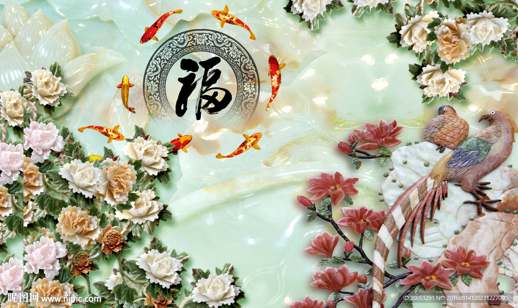 玉雕背景墙 花鸟牡丹